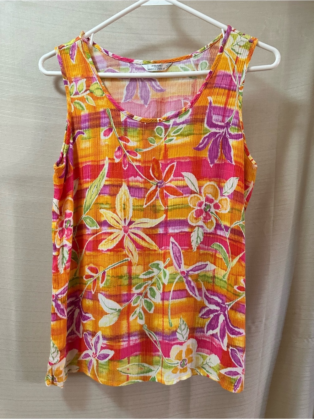 Vintage Y2K Marks & Spencer BOGO Floral Crinkle Tank Top Tropical Print XL ⚫️